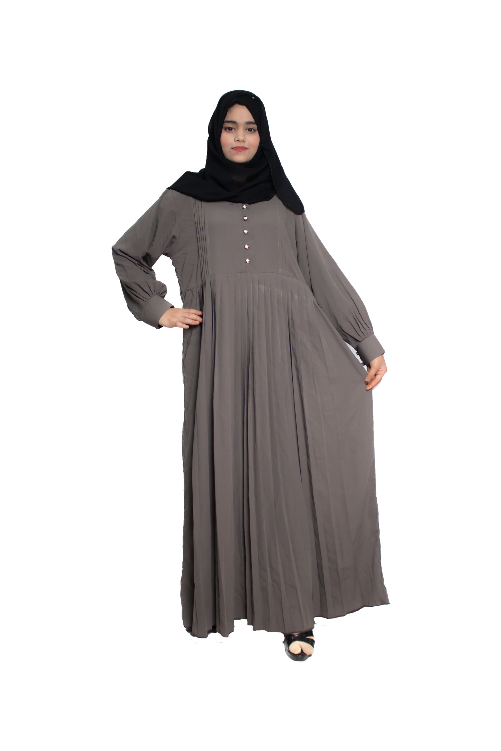 Modest City Self Design Grey Button With Plate Abaya or Burqa With Hijab for Women & Girls-Series Laiba