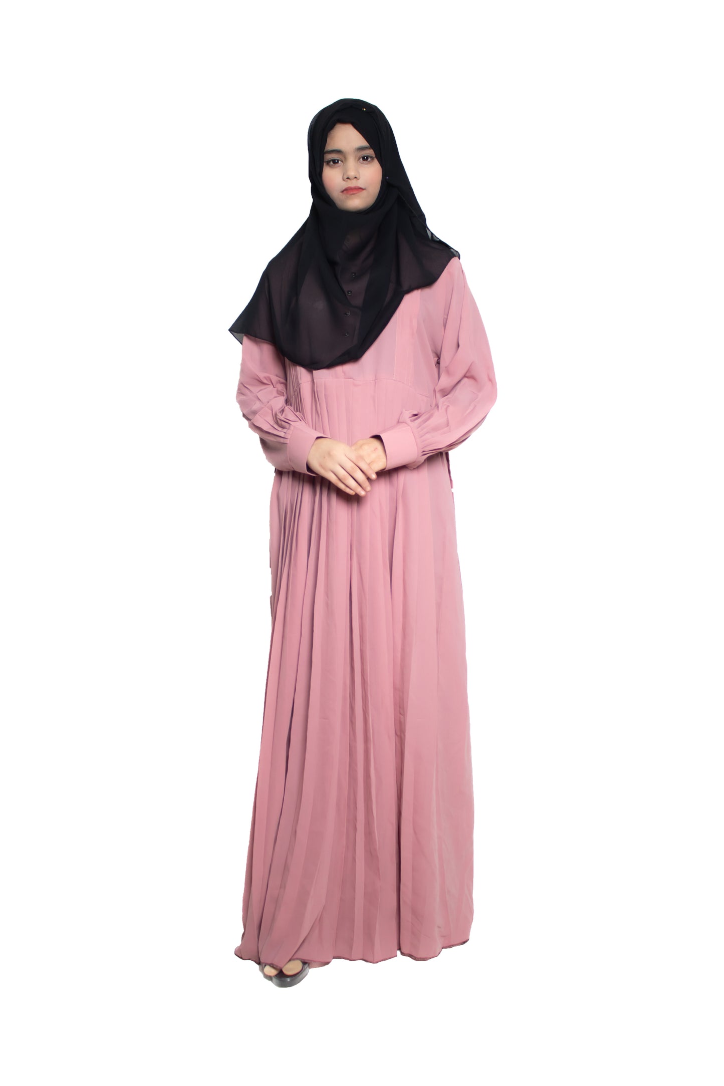 Modest City Self Design Light Pink Button With Plate Abaya or Burqa With Hijab for Women & Girls-Series Laiba