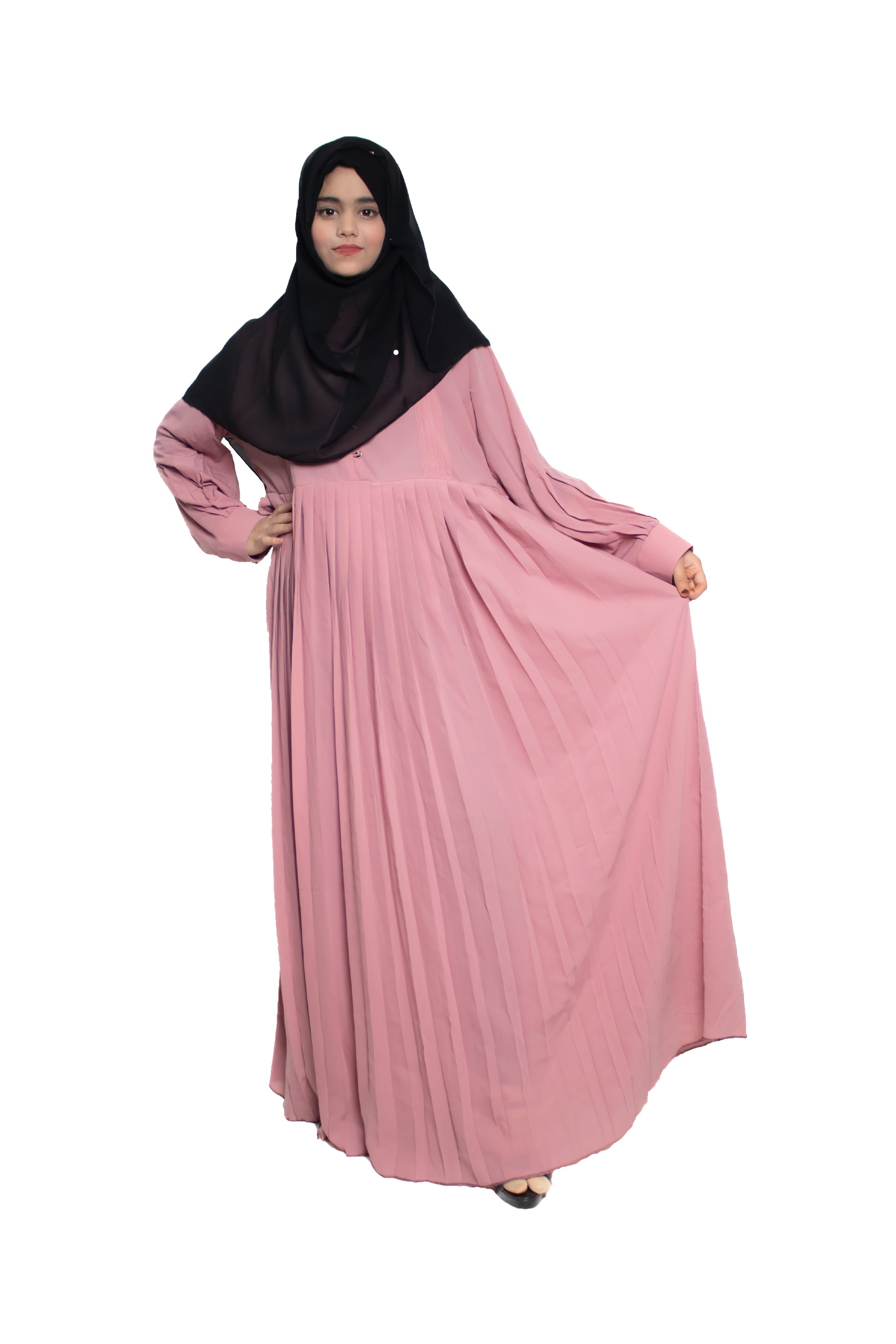 Modest City Self Design Light Pink Button With Plate Abaya or Burqa With Hijab for Women & Girls-Series Laiba