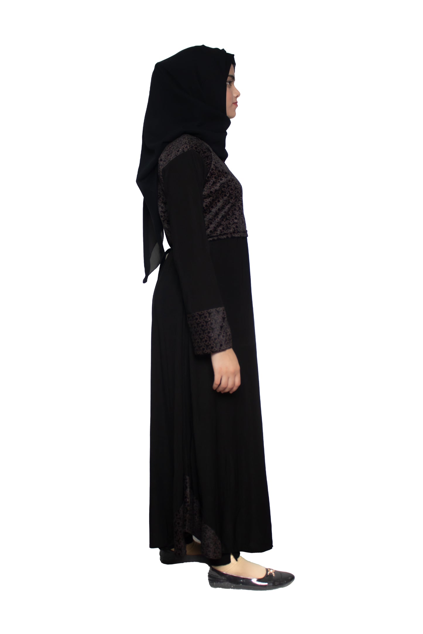 Modest City Self Design Black Gher Koti Lycra Abaya or Burqa With Hijab for Women & Girls-Series Laiba