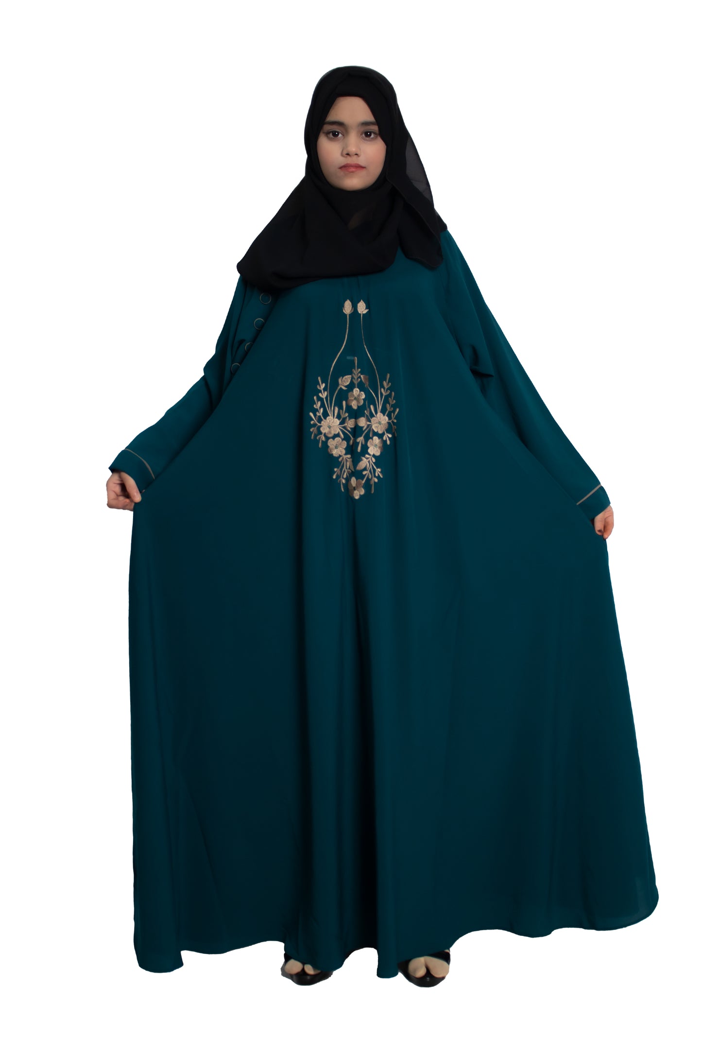 Modest City Self Design Ramagreen With Beige Embroidery Crepe Abaya Or Burqa With Hijab for Women & Girls-Series Laiba
