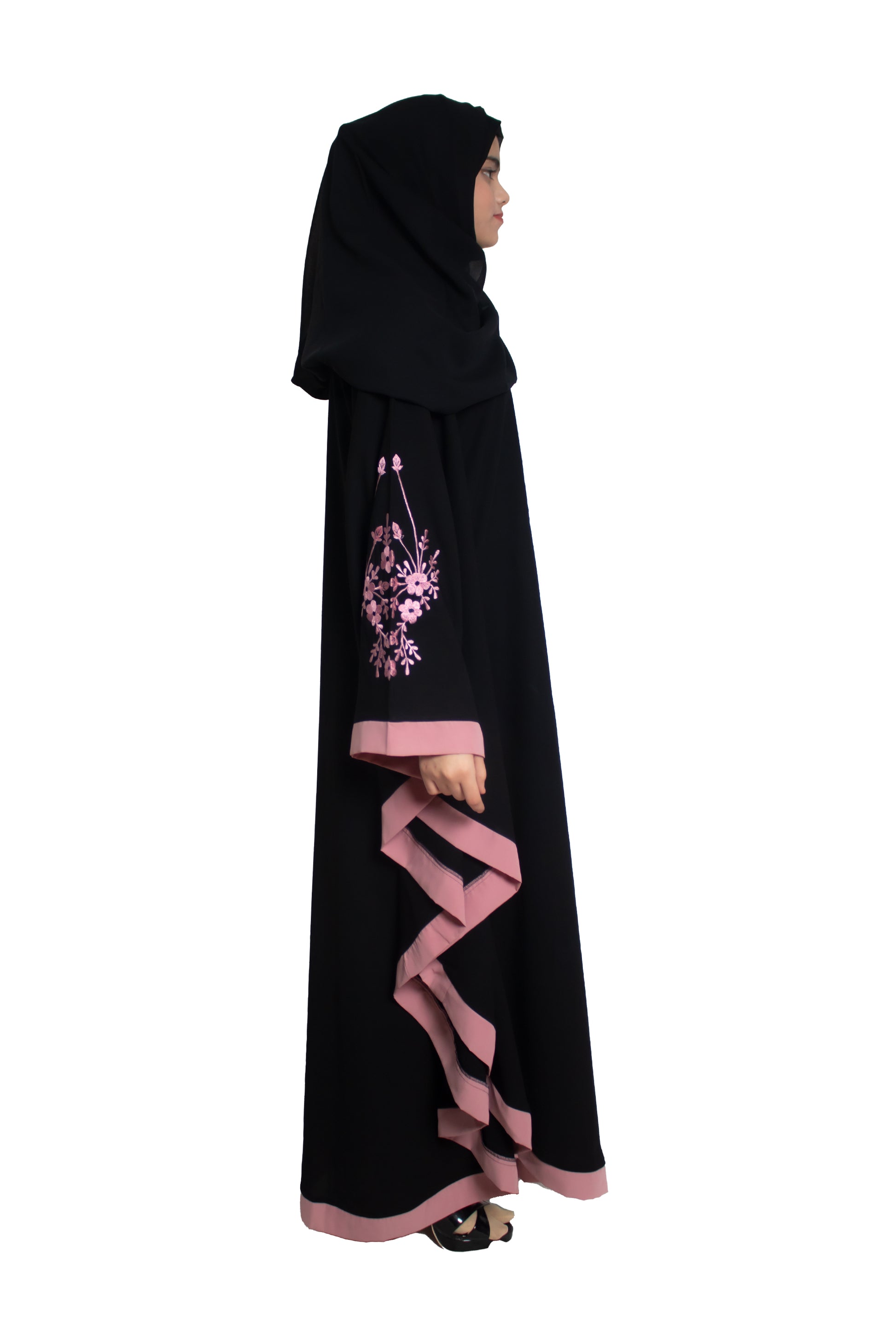 Modest City Self Design Black With Pink Patti Embroidery Crepe Abaya Or Burqa With Hijab for Women & Girls-Series Laiba