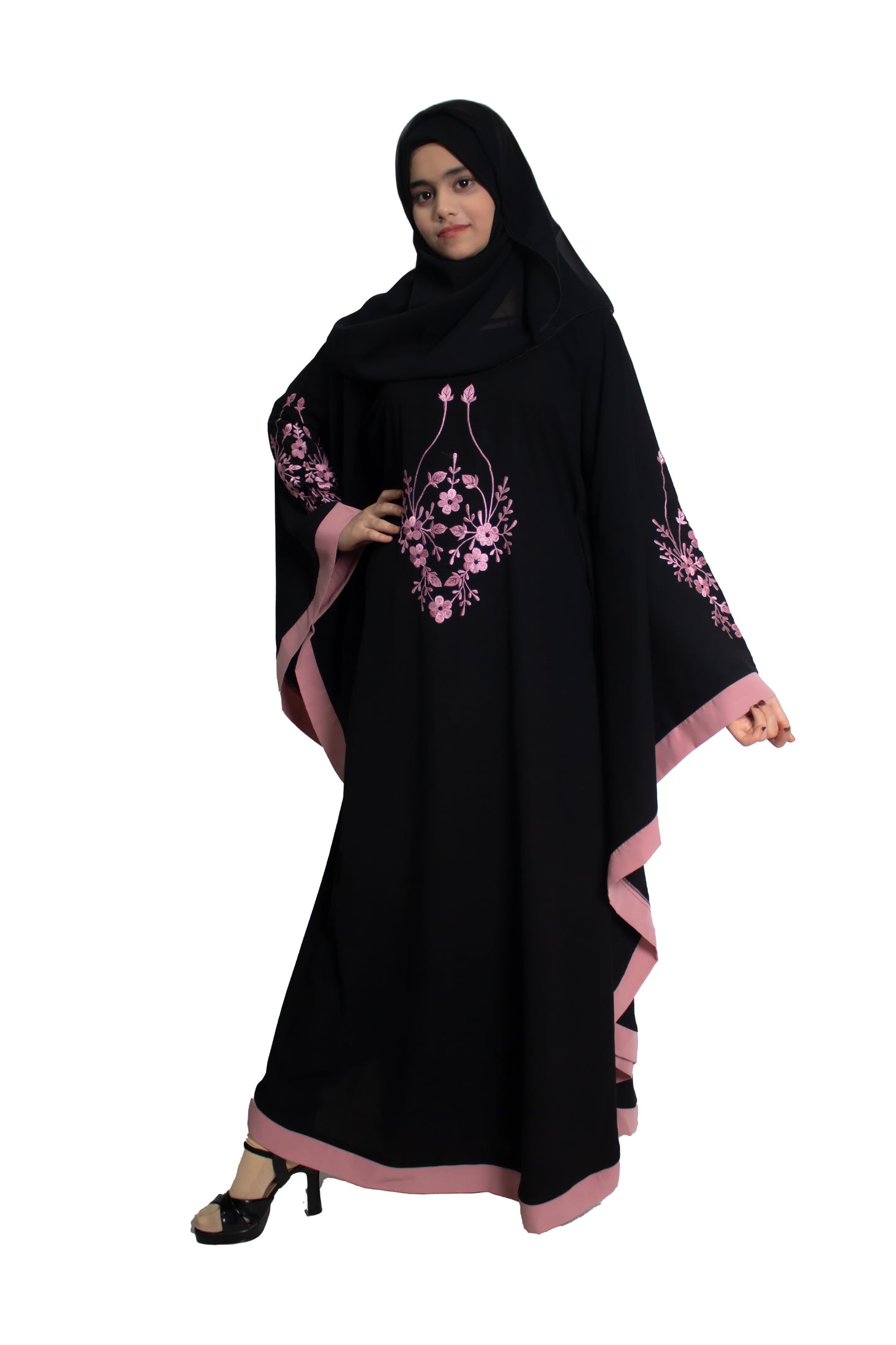 Modest City Self Design Black With Pink Patti Embroidery Crepe Abaya Or Burqa With Hijab for Women & Girls-Series Laiba
