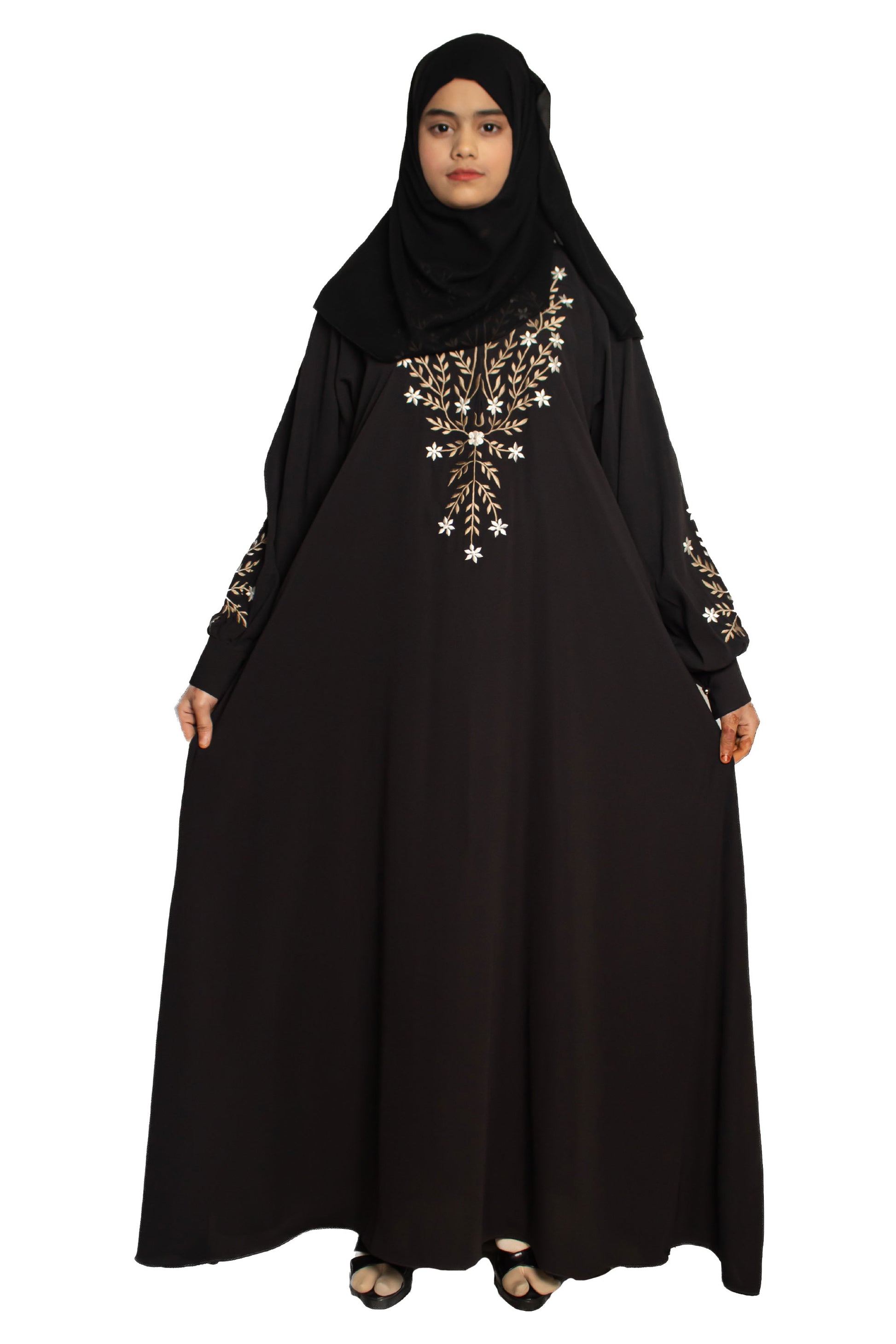 Modest City Beautiful Self Design Gala Embroidery Crepe Fabric Black Abaya or Burqa With Hijab for Women & Girls Series Laiba
