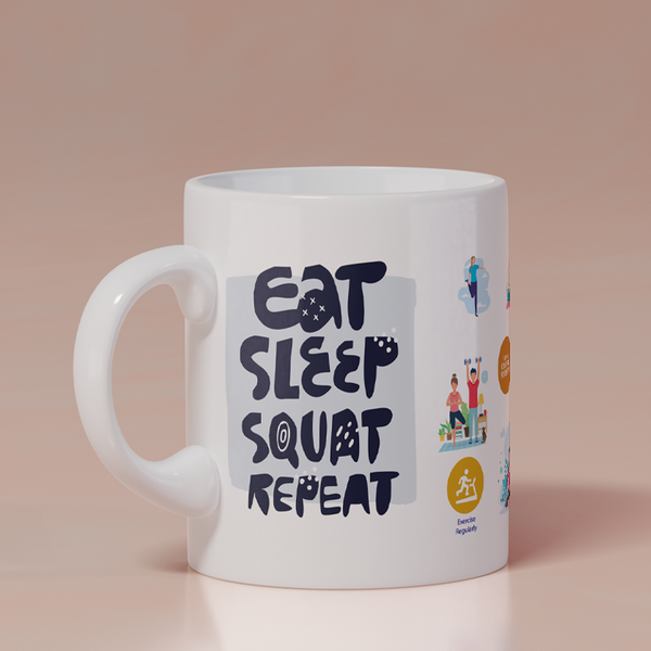Modest City Beautiful Gym Design Printed White Ceramic Coffee Mug (Eat Sleep Squat Repeat)