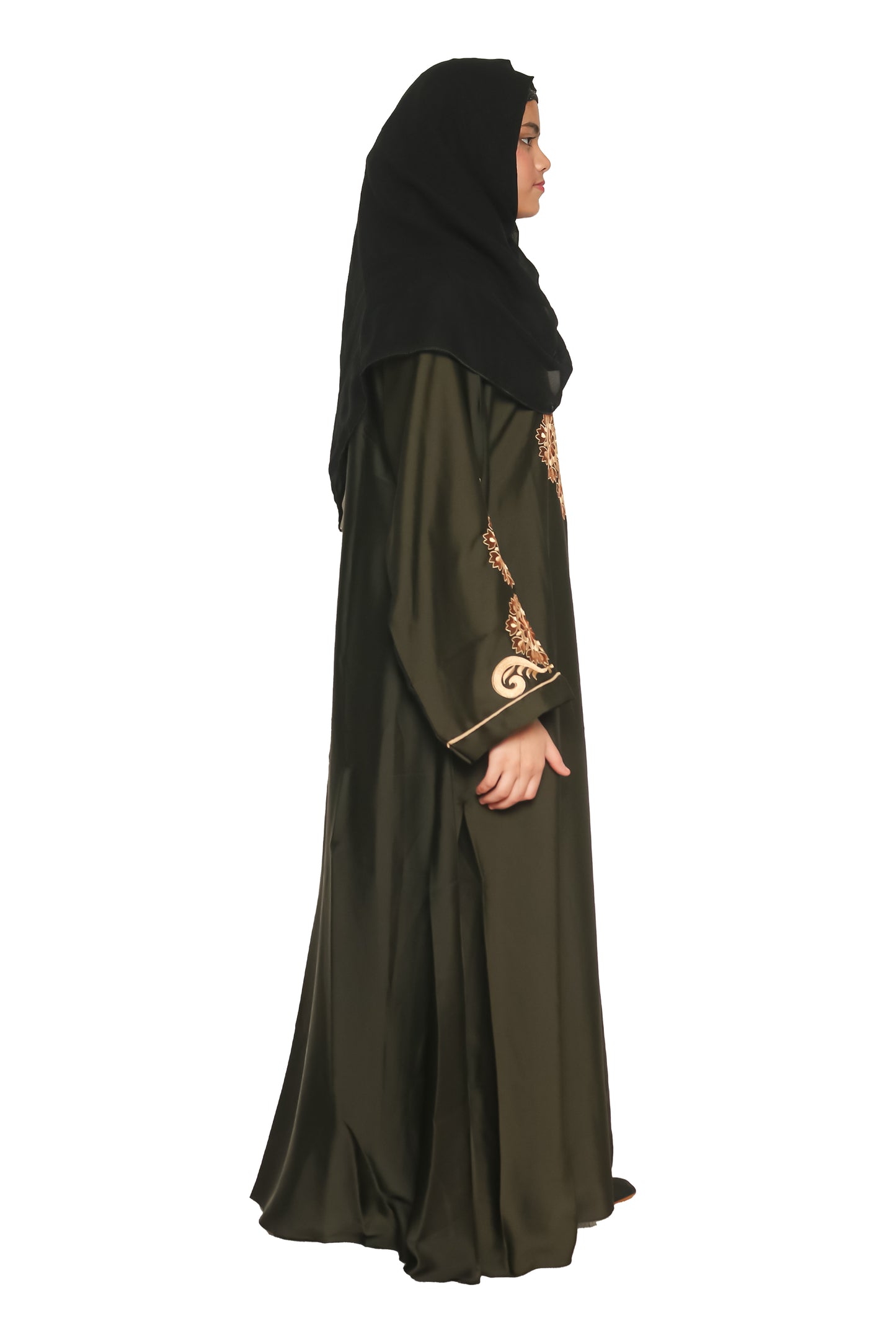 Modest City Self Design Mehandi Gala Embroidery Abaya or Burqa With Hijab for Women & Girls-Series Laiba