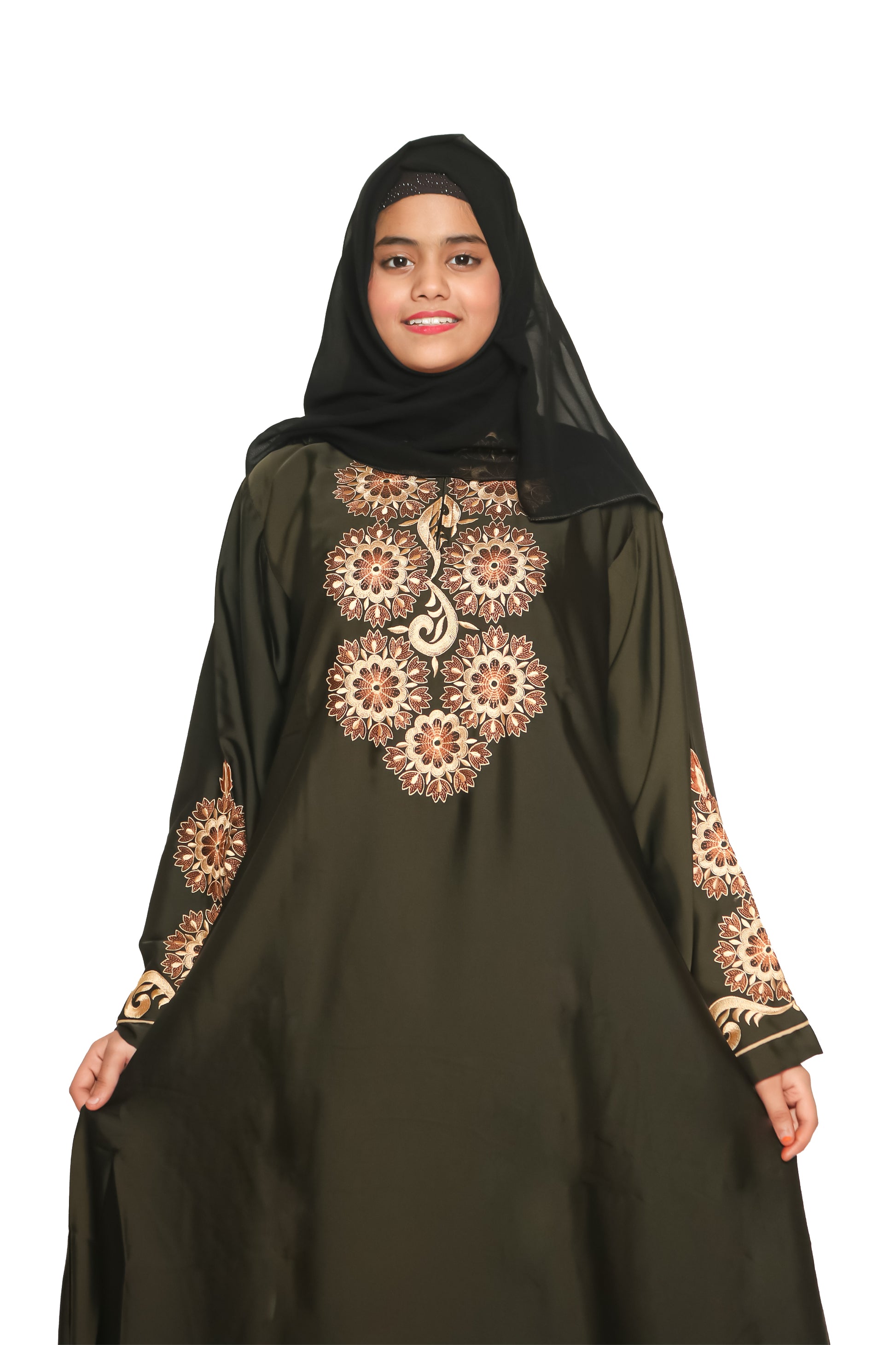 Modest City Self Design Mehandi Gala Embroidery Abaya or Burqa With Hijab for Women & Girls-Series Laiba