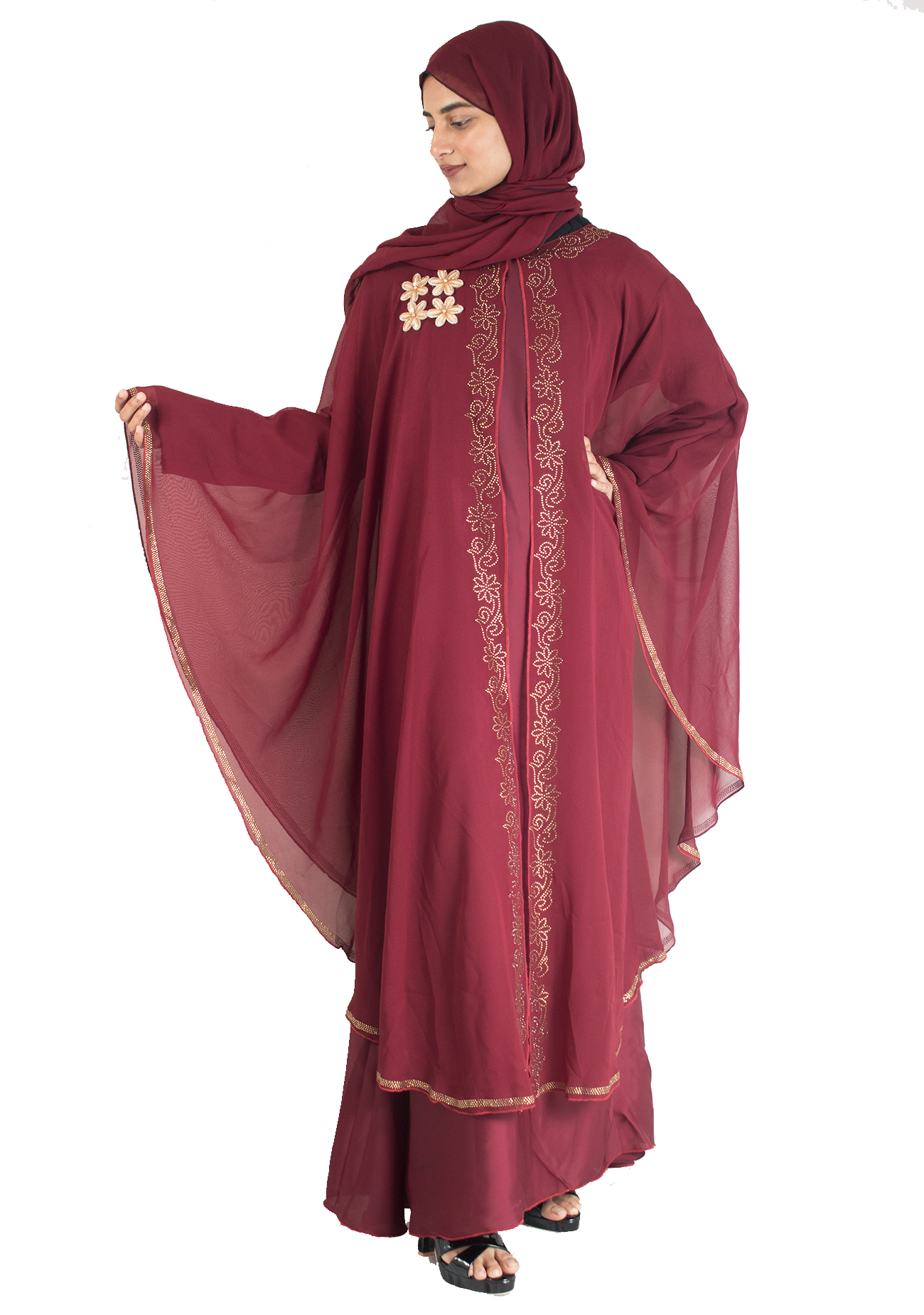 Modest City Beautiful Self Design Stone Work Maroon Broach Farasha Abaya_0714