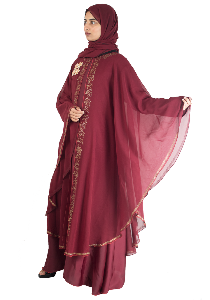 Modest City Beautiful Self Design Maroon Broach Farasha Nida Abaya_0714