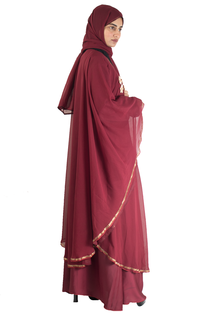 Modest City Beautiful Self Design Maroon Broach Farasha Nida Abaya_0714