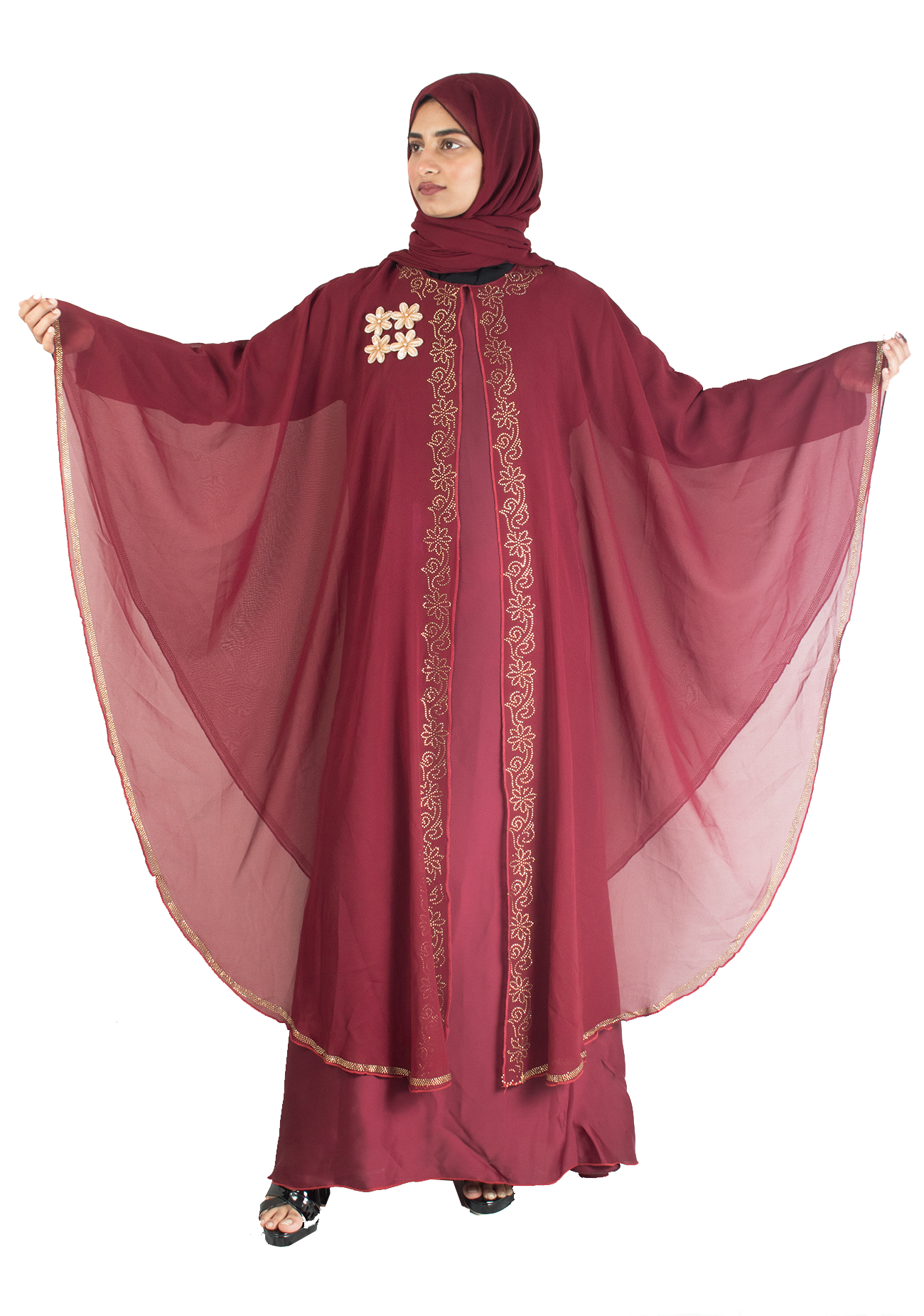 Modest City Beautiful Self Design Stone Work Maroon Broach Farasha Abaya_0714
