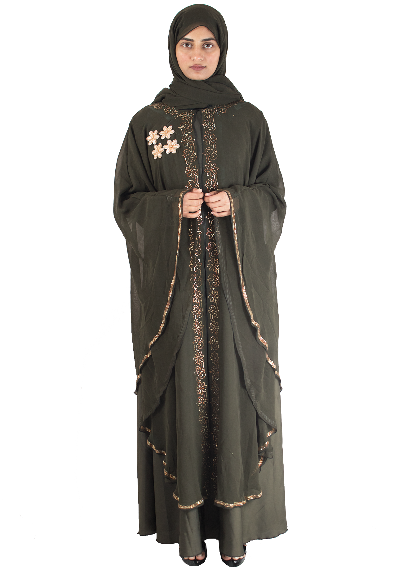 Modest City Beautiful Self Design Stone Work Green Broach Farasha Abaya_0715