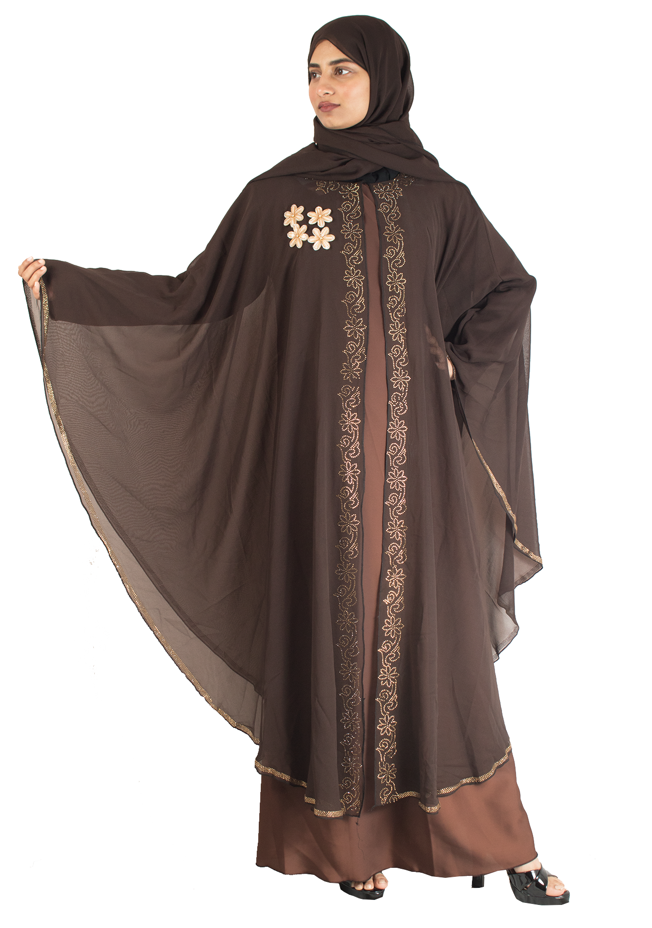 Modest City Beautiful Self Design Stone Work Brown Broach Farasha Abaya_0716