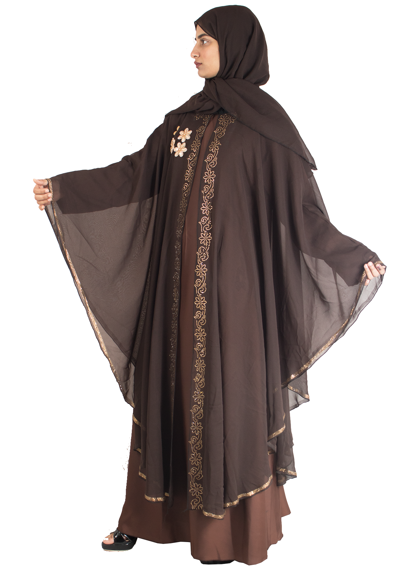 Modest City Beautiful Self Design Stone Work Brown Broach Farasha Abaya_0716
