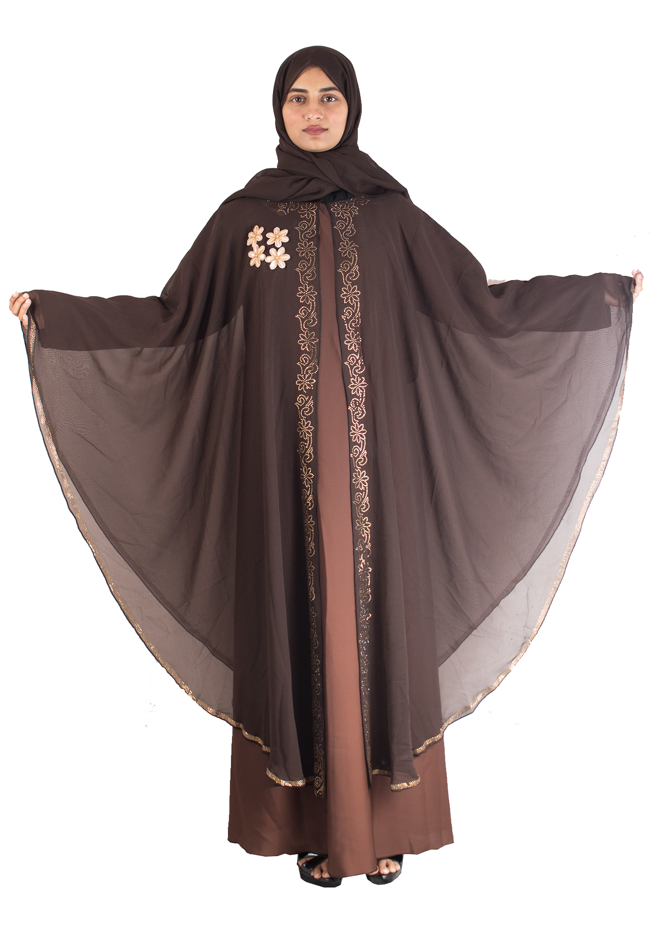 Modest City Beautiful Self Design Stone Work Brown Broach Farasha Abaya_0716