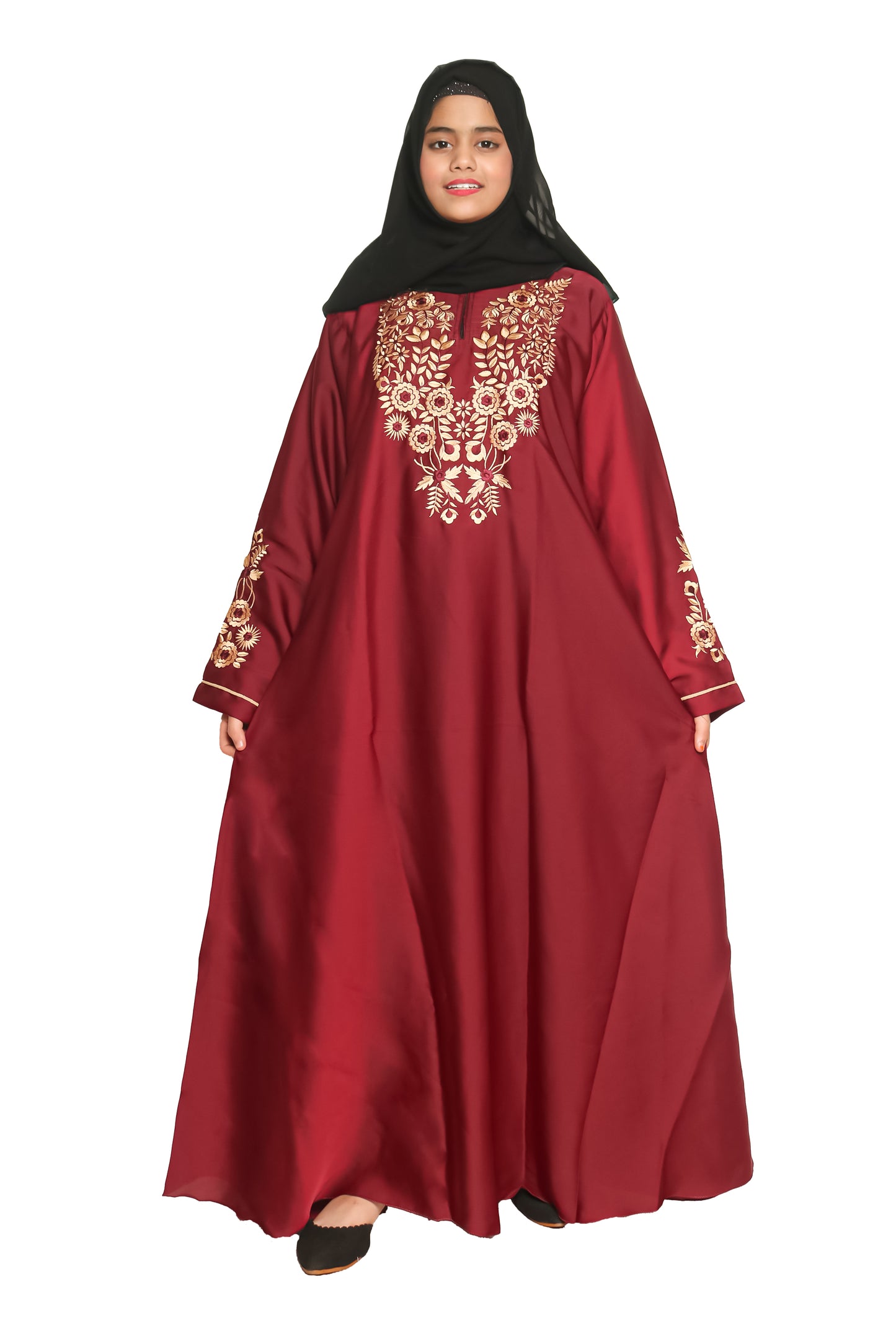 Modest City Self Design Maroon Gala Embroidery Abaya or Burqa With Hijab for Women & Girls-Series Laiba