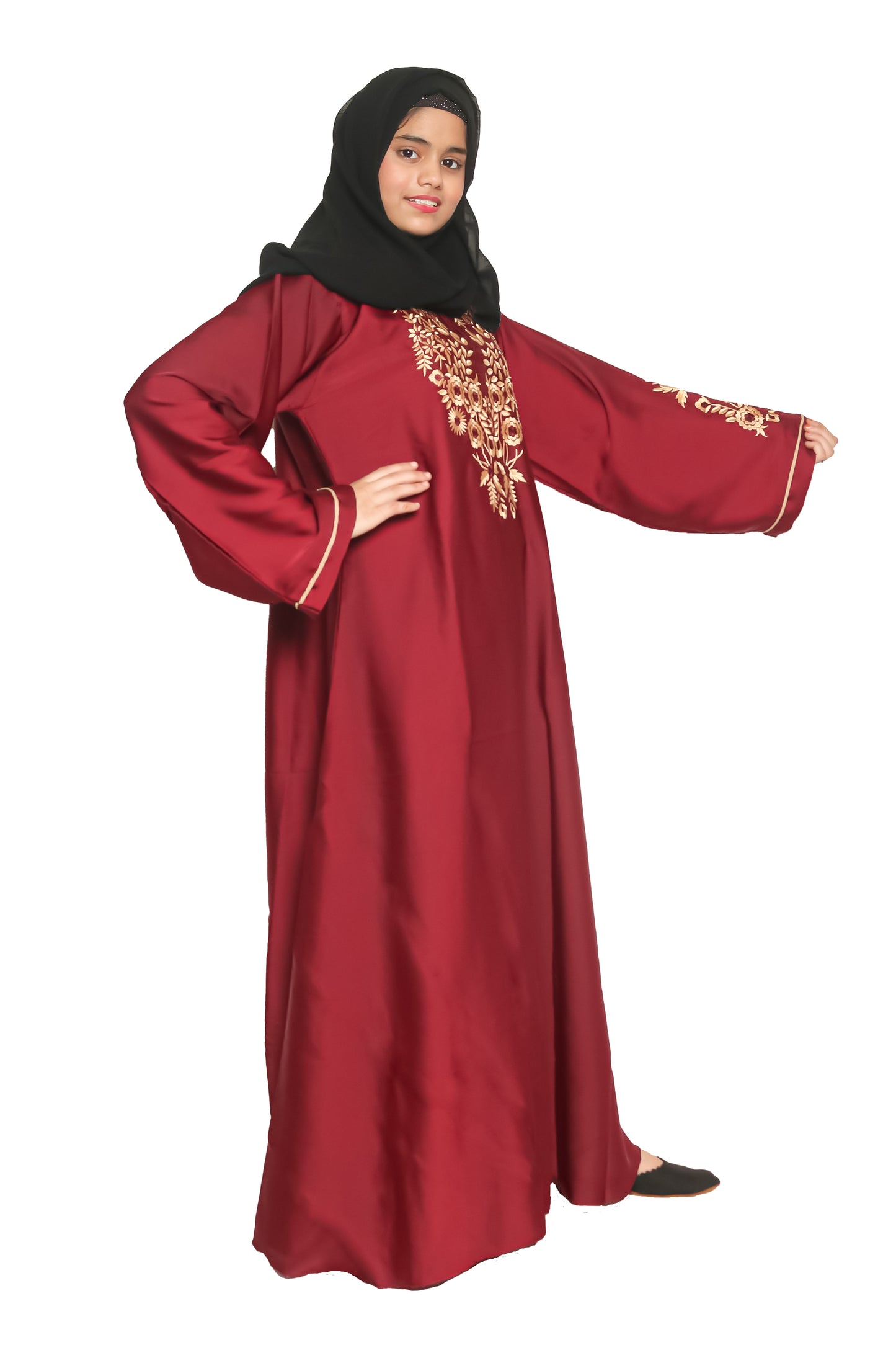 Modest City Self Design Maroon Gala Embroidery Abaya or Burqa With Hijab for Women & Girls-Series Laiba