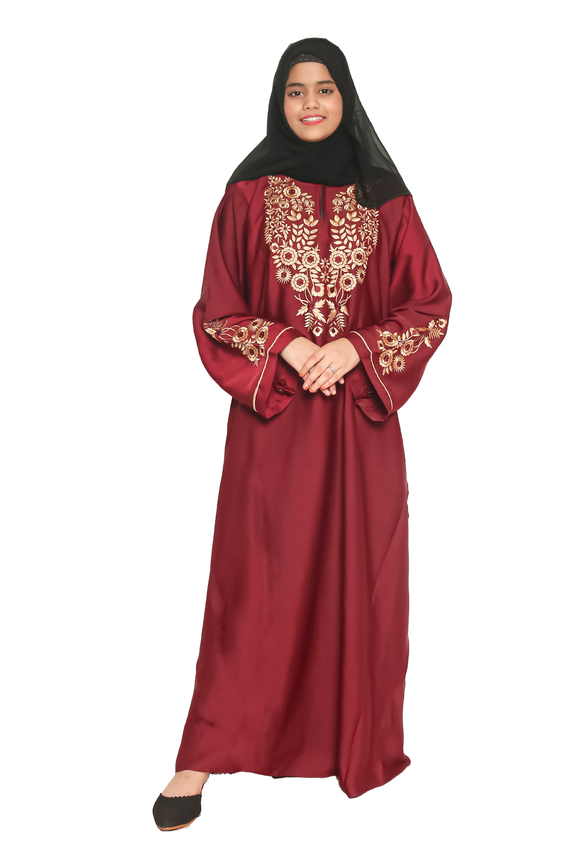 Modest City Self Design Maroon Gala Embroidery Abaya or Burqa With Hijab for Women & Girls-Series Laiba