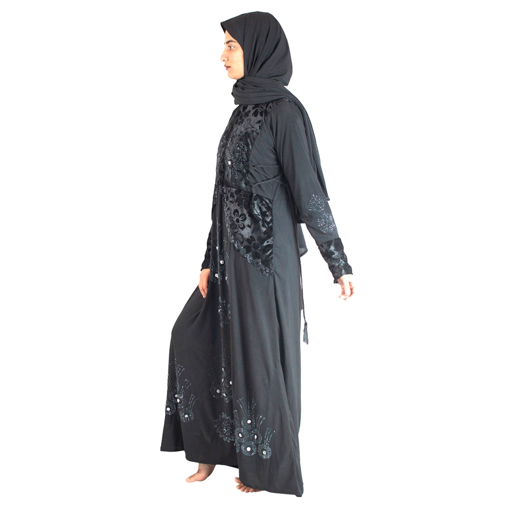 Modest City Beautiful Self Design Stone Work RTY Black Lycra Abaya_0725