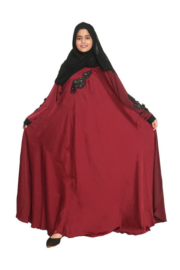 Modest City Self Design Maroon With Black Patch Abaya or Burqa With Hijab for Women & Girls-Series Laiba