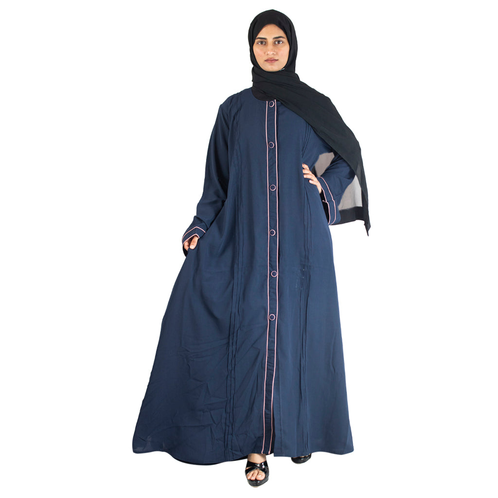 Modest City Beautiful Self Design Crepe Front Open Blue Abaya_0731