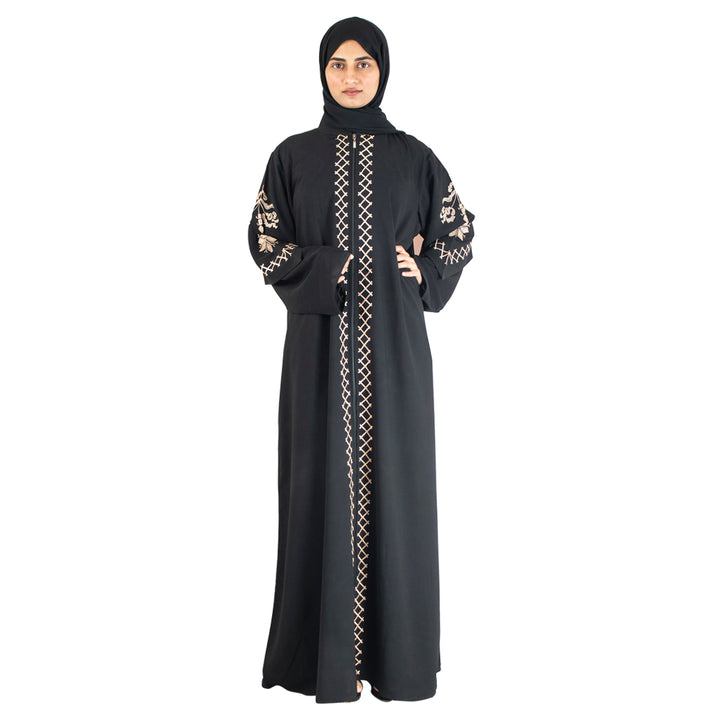 Modest City Beautiful Self Design Crepe Front Open Embroidery Black Abaya_0732