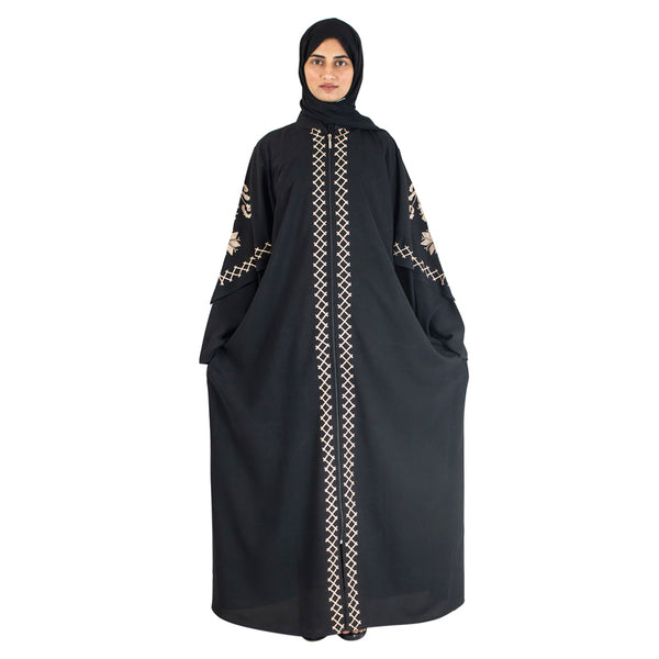 Modest City Beautiful Self Design Crepe Front Open Embroidery Black Abaya_0732