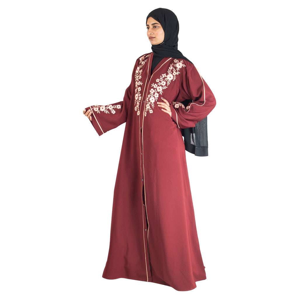 Modest City Beautiful Self Design Crepe Front Open Embroidery Maroon Abaya_0733