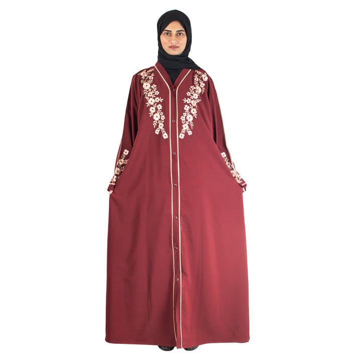 Modest City Beautiful Self Design Crepe Front Open Embroidery Maroon Abaya_0733