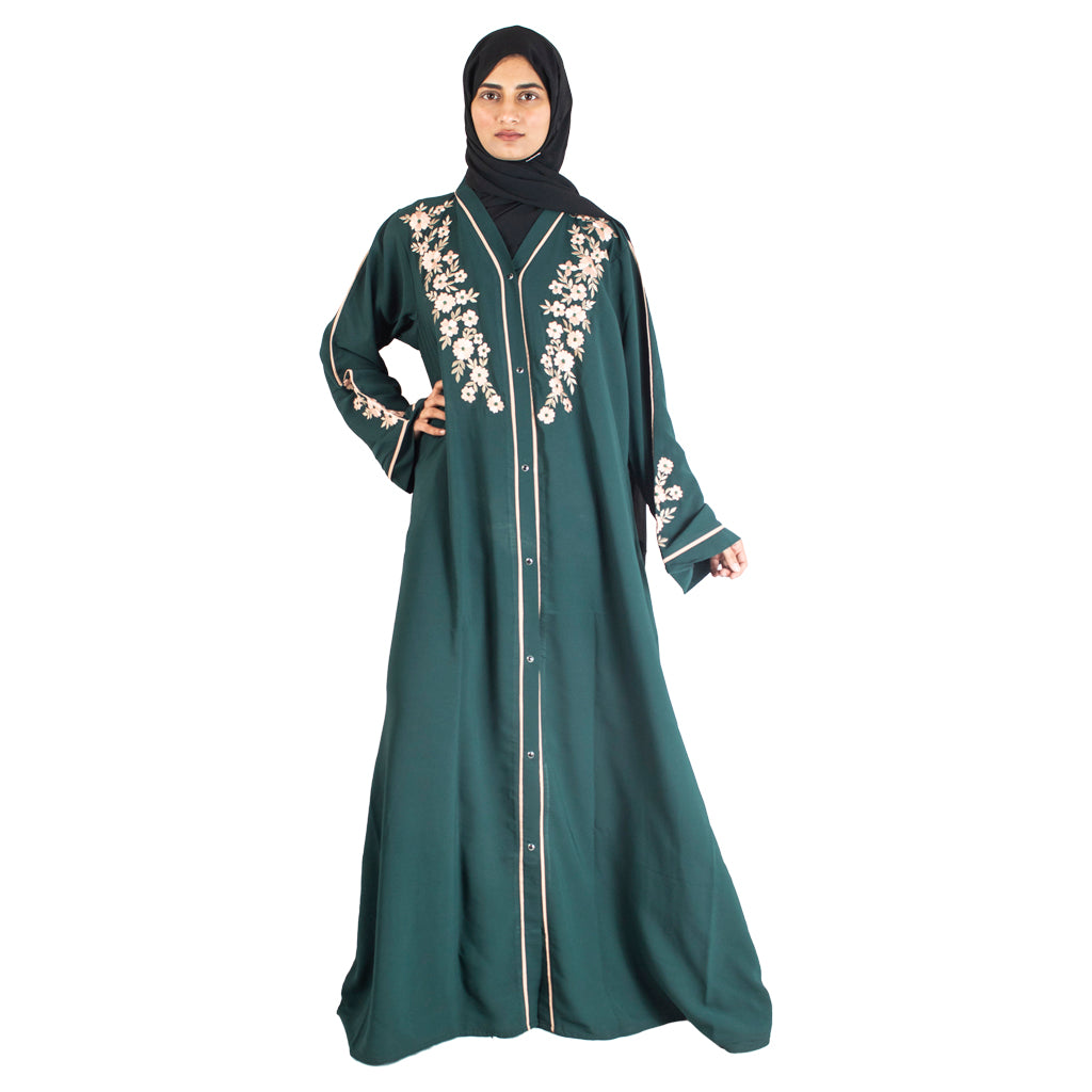 Modest City Beautiful Self Design Crepe Front Open Embroidery Rama Green Abaya_0734