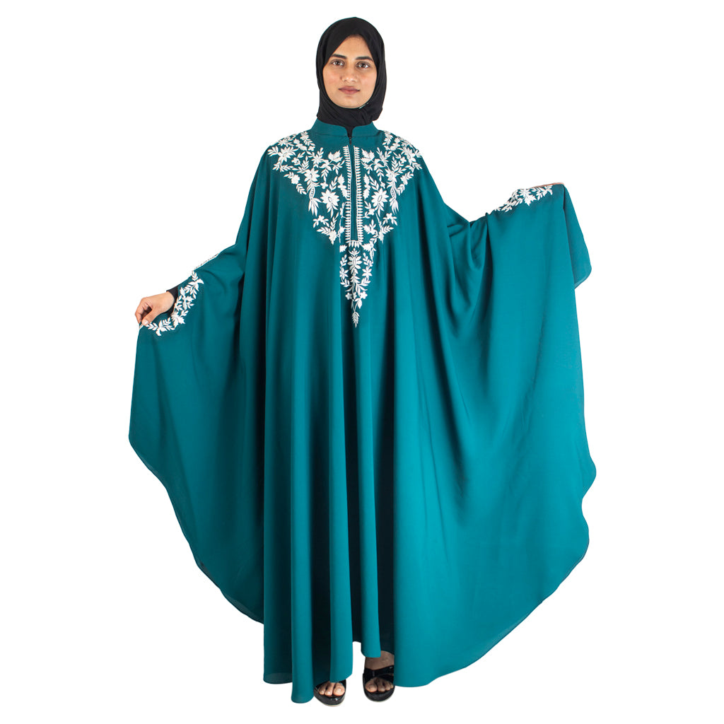 Modest City Beautiful Self Design Crepe Embroidery Blue Kaftan Abaya_0737