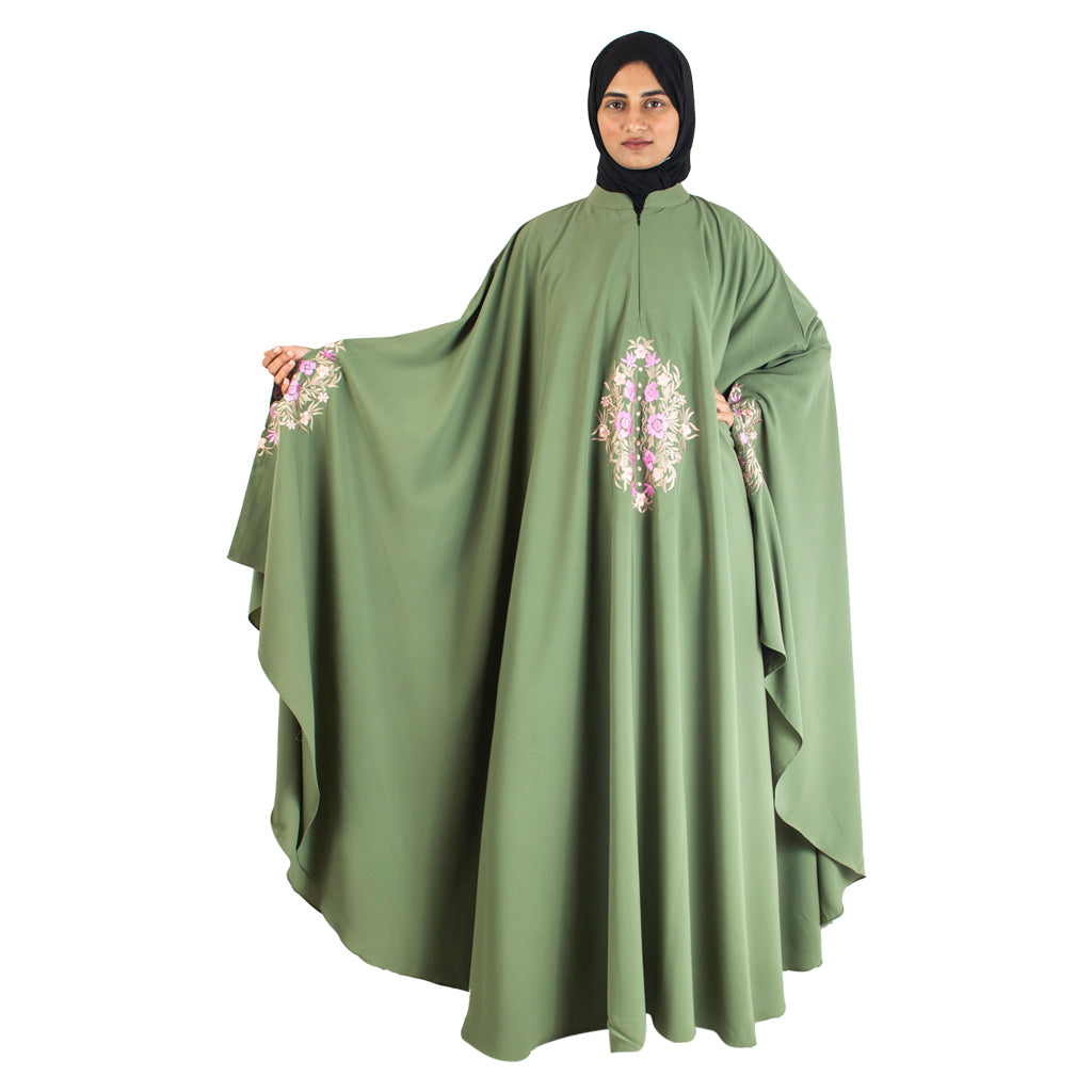 Modest City Beautiful Self Design Crepe Embroidery Green Kaftan Abaya_0738