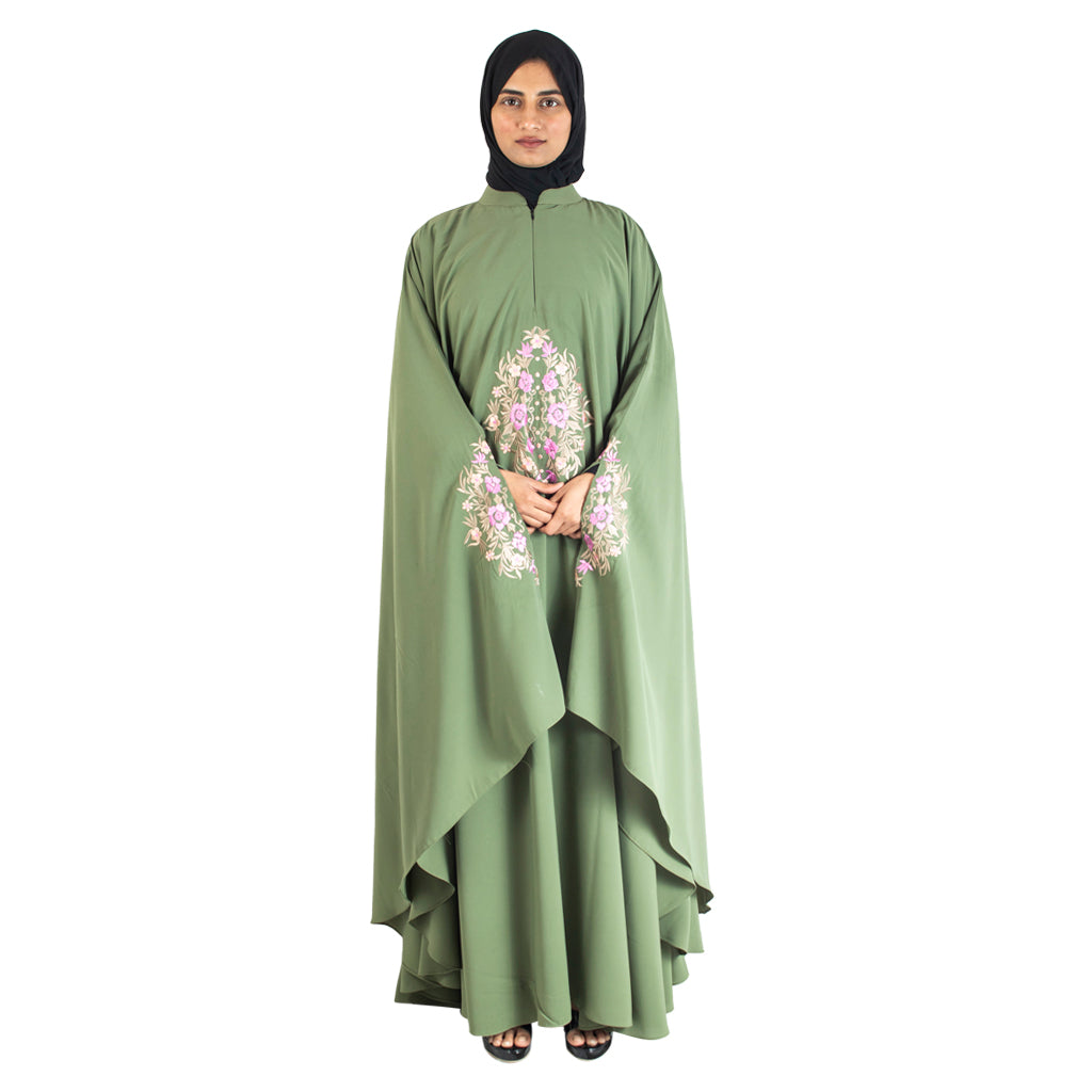 Modest City Beautiful Self Design Crepe Embroidery Green Kaftan Abaya_0738