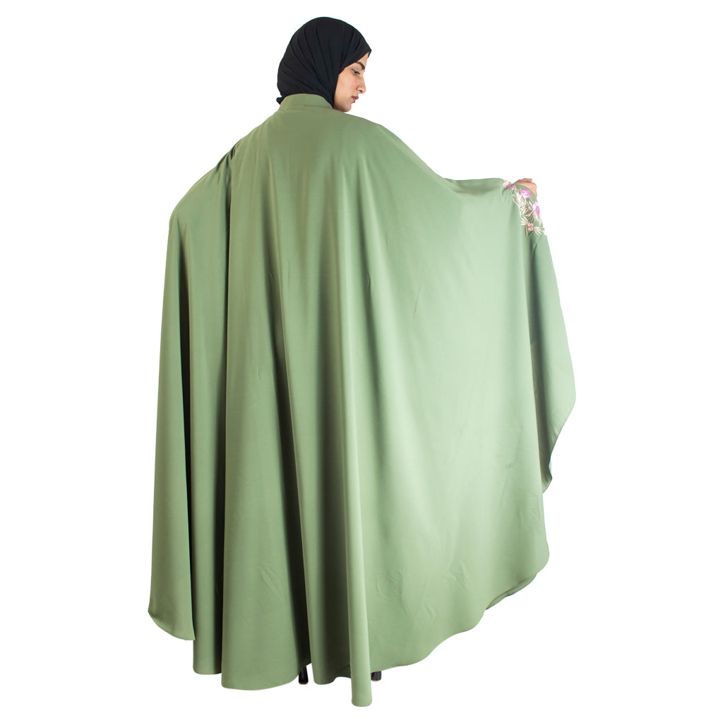 Modest City Beautiful Self Design Crepe Embroidery Green Kaftan Abaya_0738
