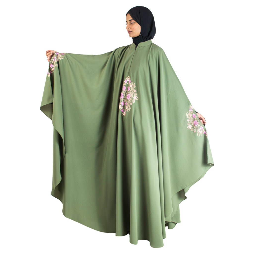 Modest City Beautiful Self Design Crepe Embroidery Green Kaftan Abaya_0738