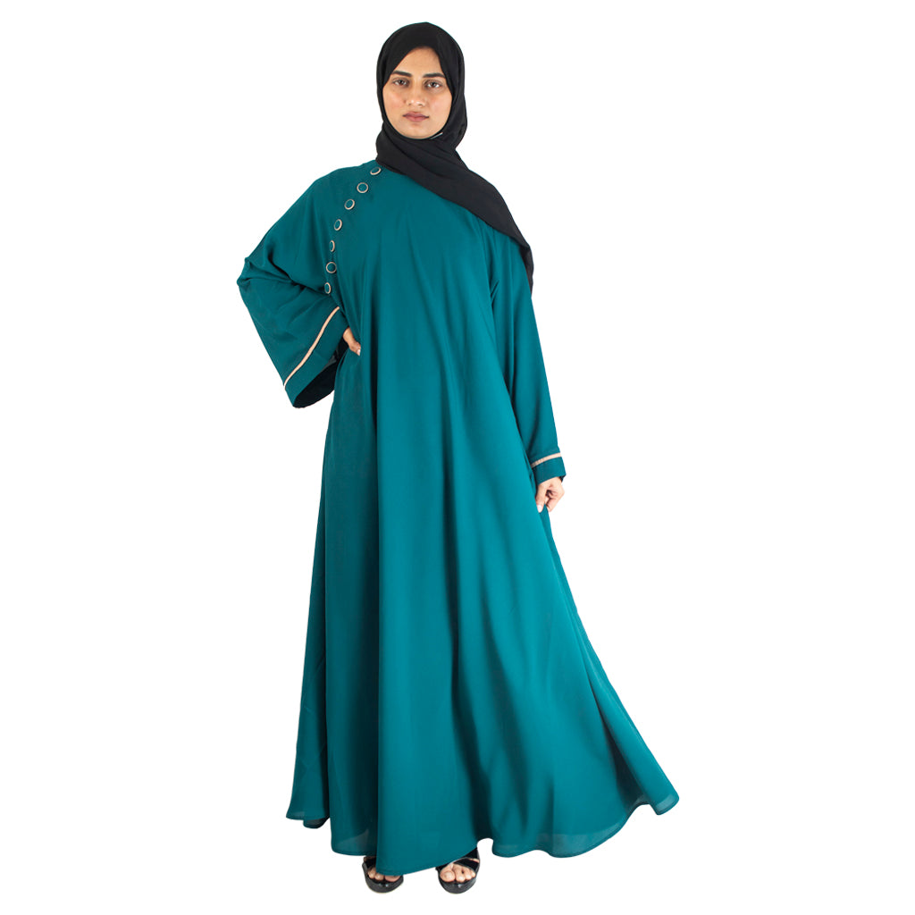 Modest City Beautiful Self Design Crepe Side Button Blue Abaya_0739