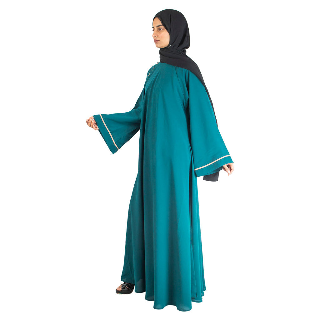 Modest City Beautiful Self Design Crepe Side Button Blue Abaya_0739