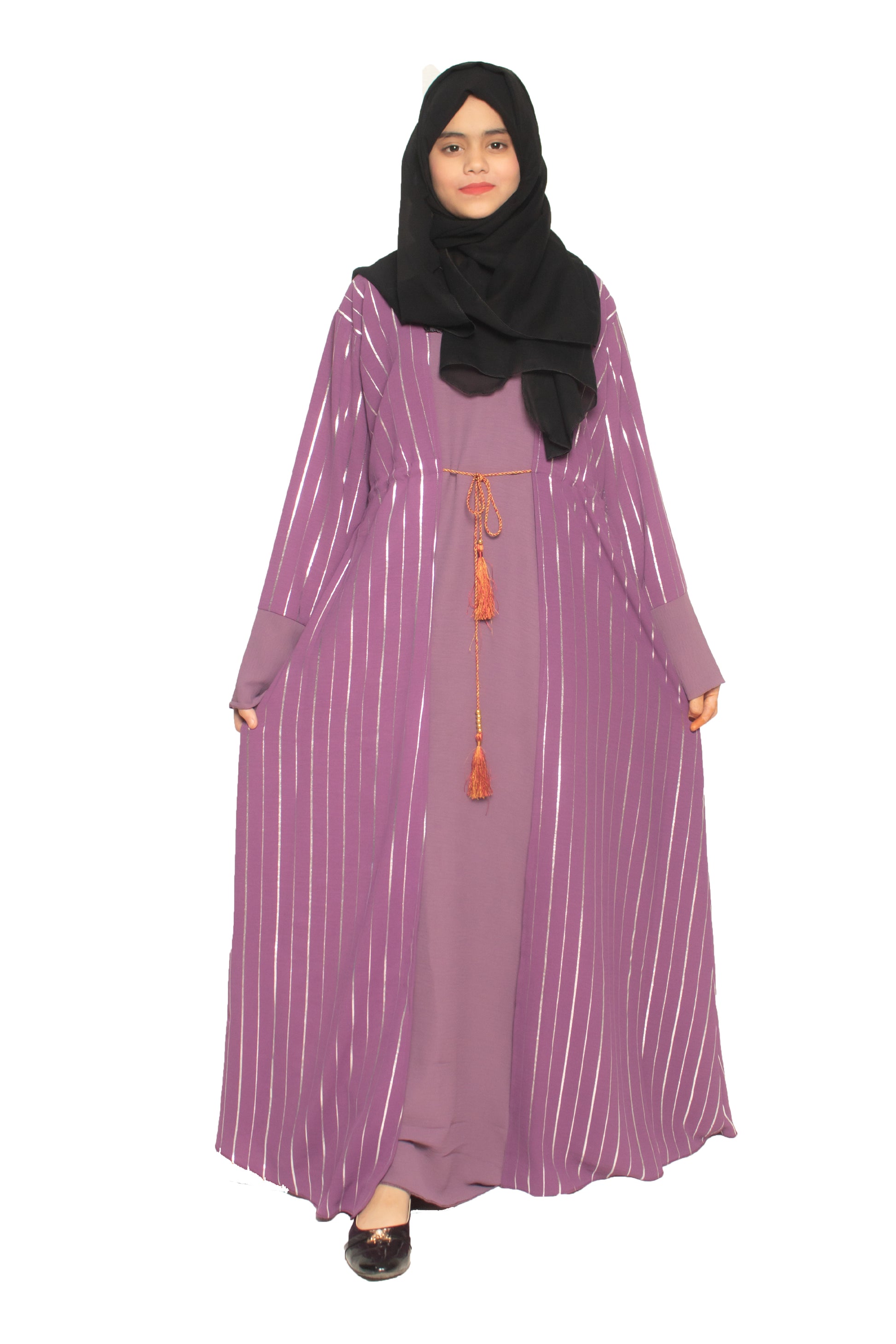 Modest City Self Design Purple Parallel Stripes With Ribbon Abaya or Burqa With Hijab for Women & Girls-Series Laiba