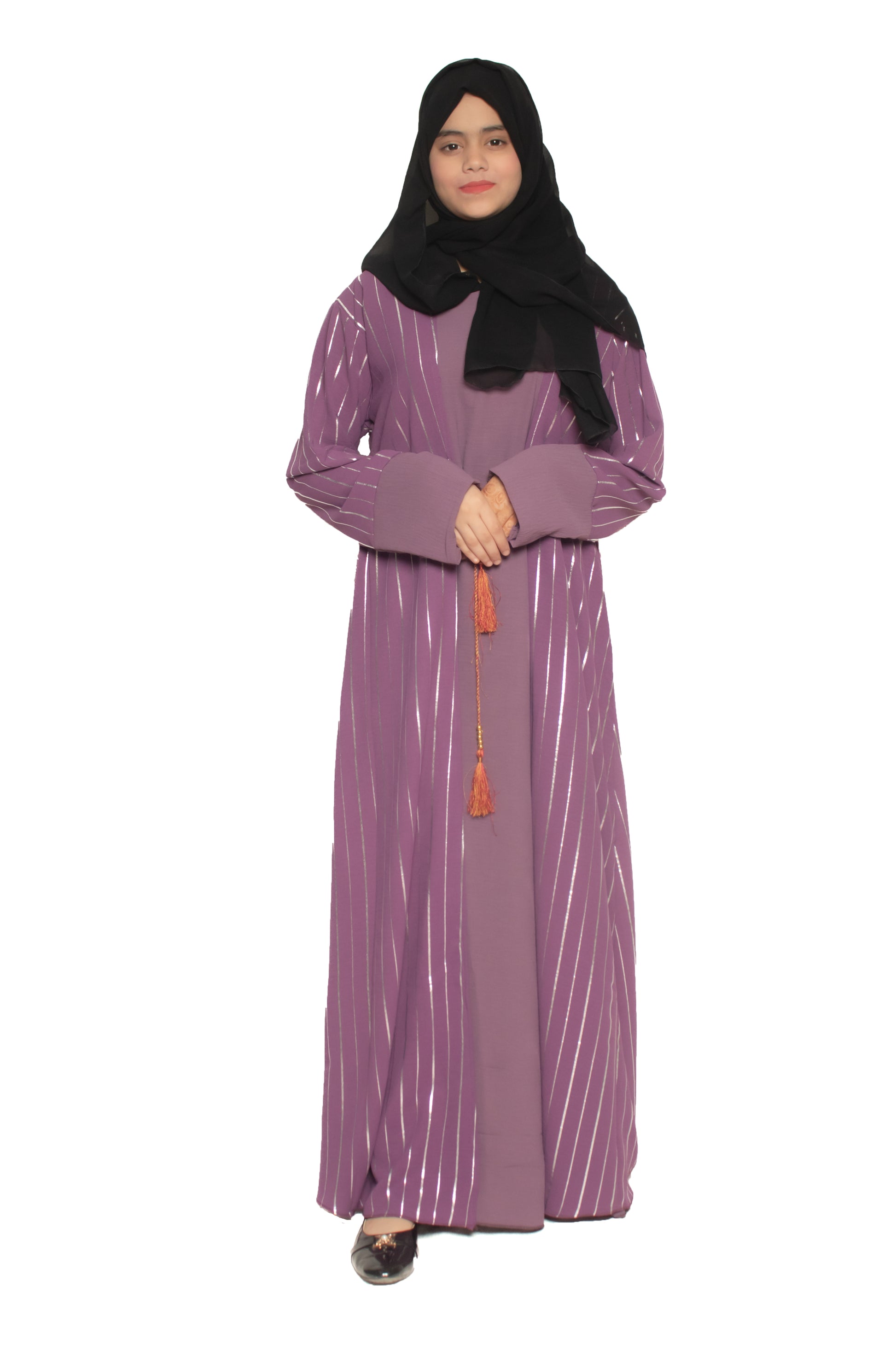 Modest City Self Design Purple Parallel Stripes With Ribbon Abaya or Burqa With Hijab for Women & Girls-Series Laiba