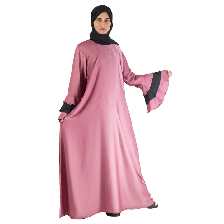 Modest City Beautiful Self Design Nida Frill Moti Pink Abaya_0740