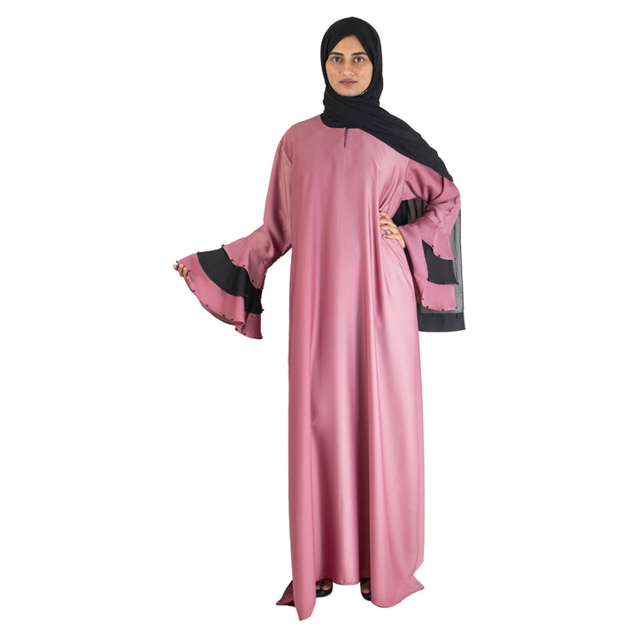 Modest City Beautiful Self Design Nida Frill Moti Pink Abaya_0740