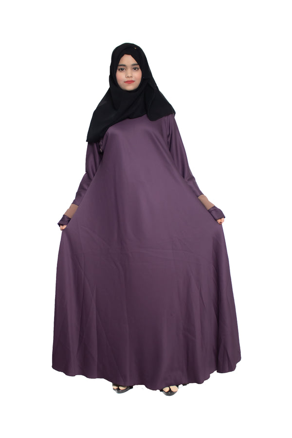 Modest City Self Design Plain Purple Side Button with Beige Cuff Abaya or Burqa With Hijab for Women & Girls-Series Laiba