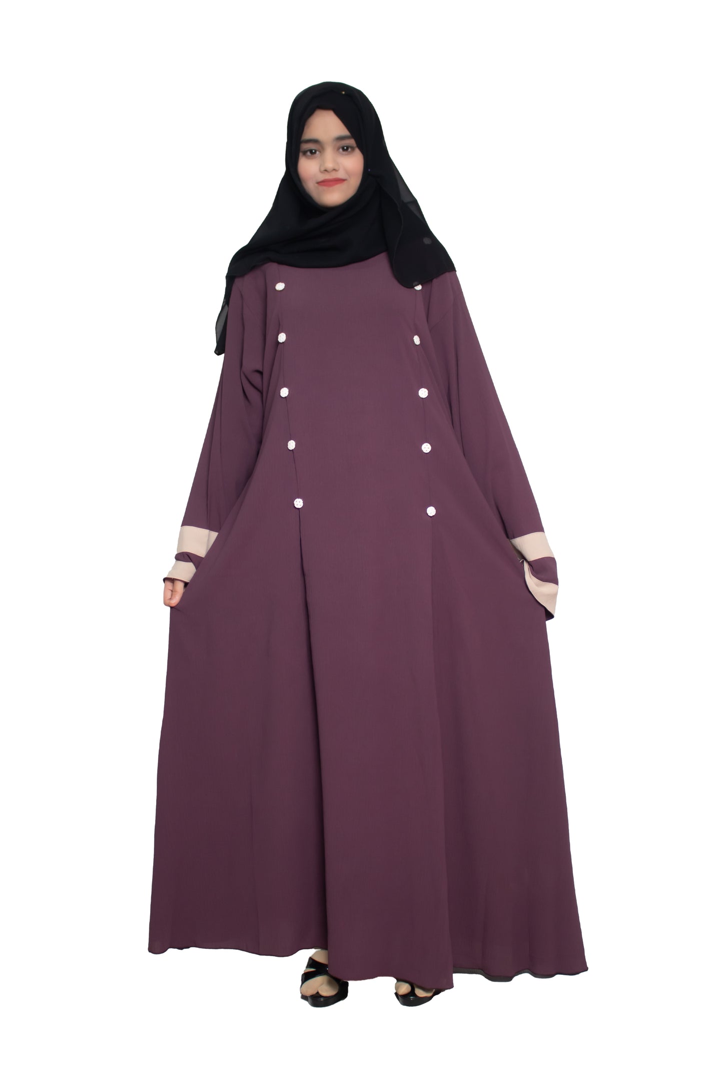 Modest City Self Design Plain Purple Front Button with Beige Cuff Abaya or Burqa With Hijab for Women & Girls-Series Laiba