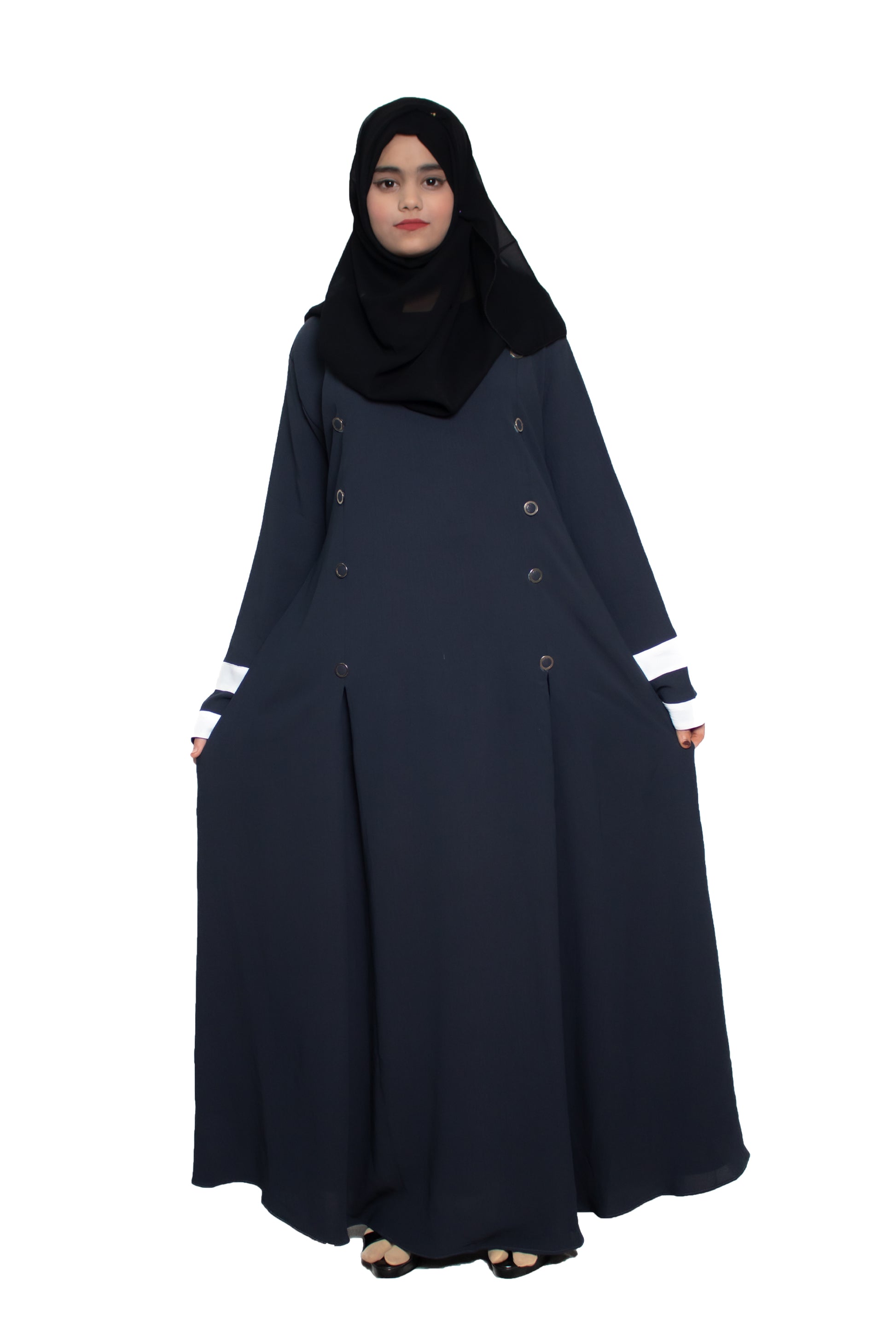 Modest City Self Design Plain Dark Grey Front Button with Beige Cuff Abaya or Burqa With Hijab for Women & Girls-Series Laiba