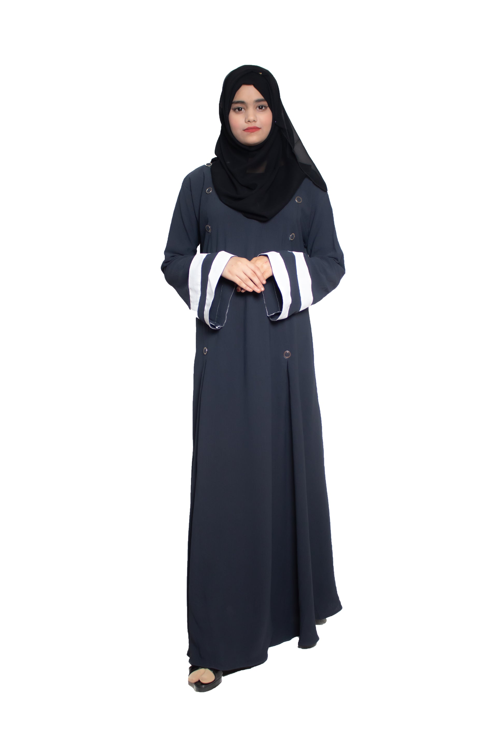 Modest City Self Design Plain Dark Grey Front Button with Beige Cuff Abaya or Burqa With Hijab for Women & Girls-Series Laiba