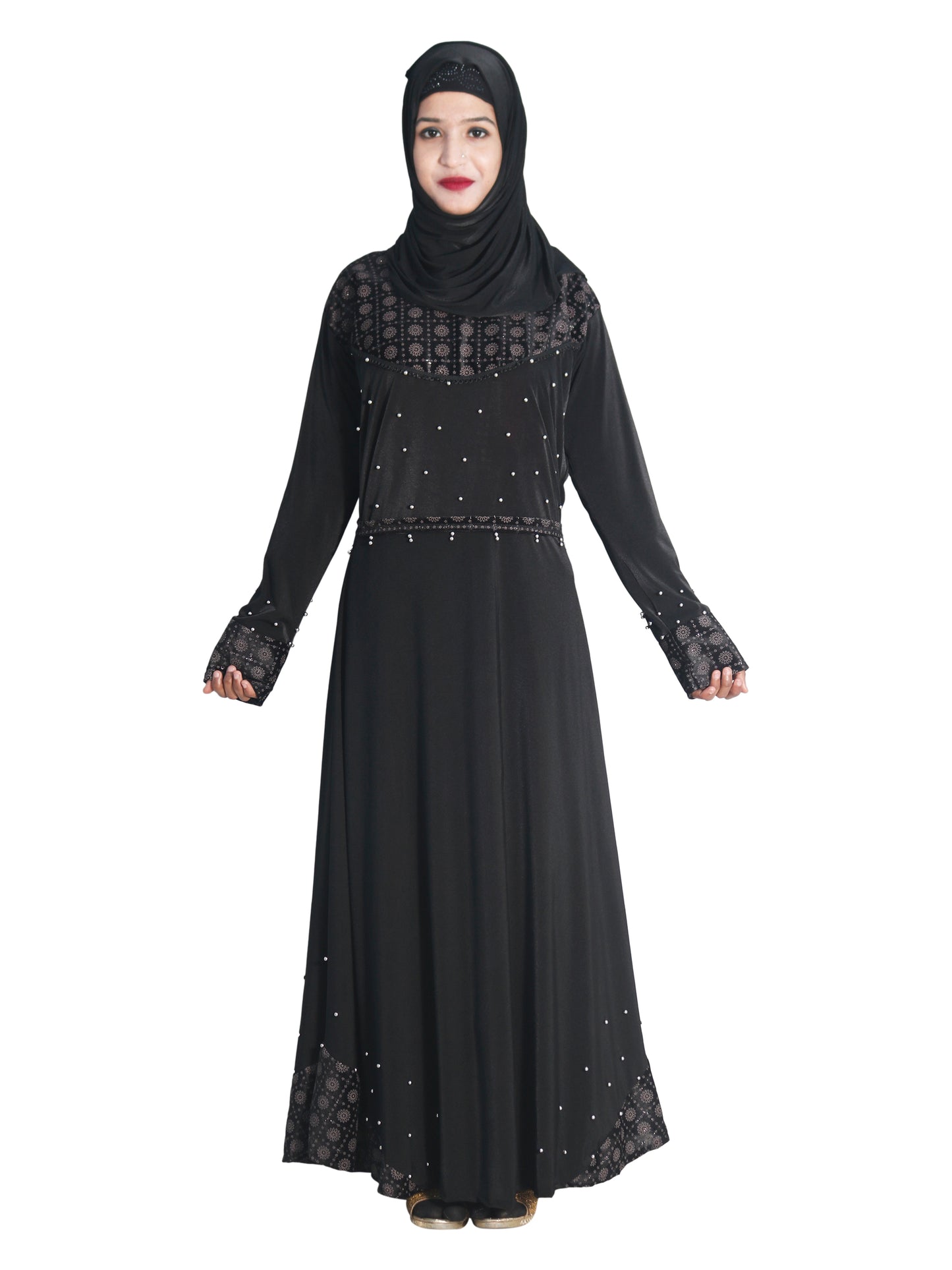 Beautiful Self Design Black Daman Moti Lycra Abaya With Hijab_0677