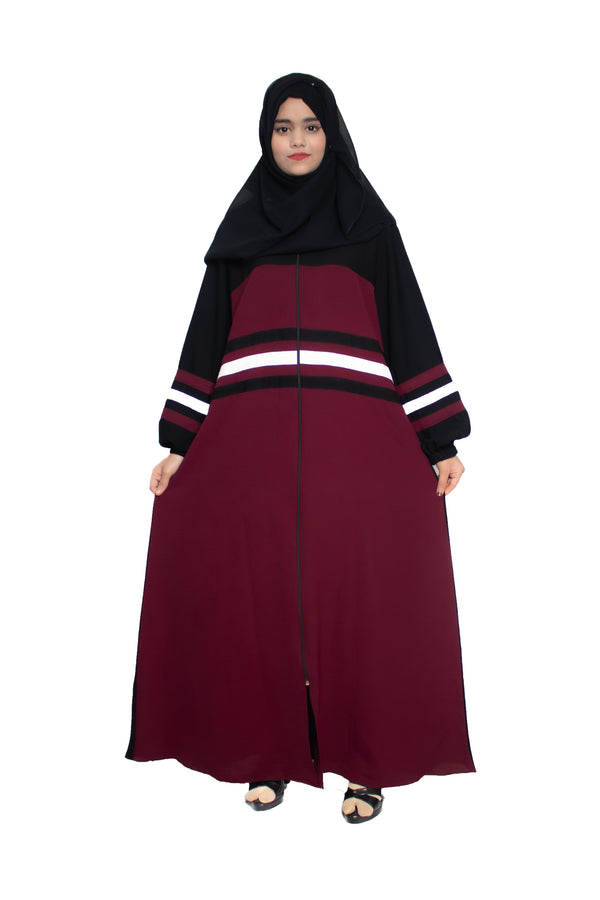 Modest City Self Design Maroon Front Open Zip With Contrast Stripes Abaya or Burqa With Hijab for Women & Girls-Series Laiba