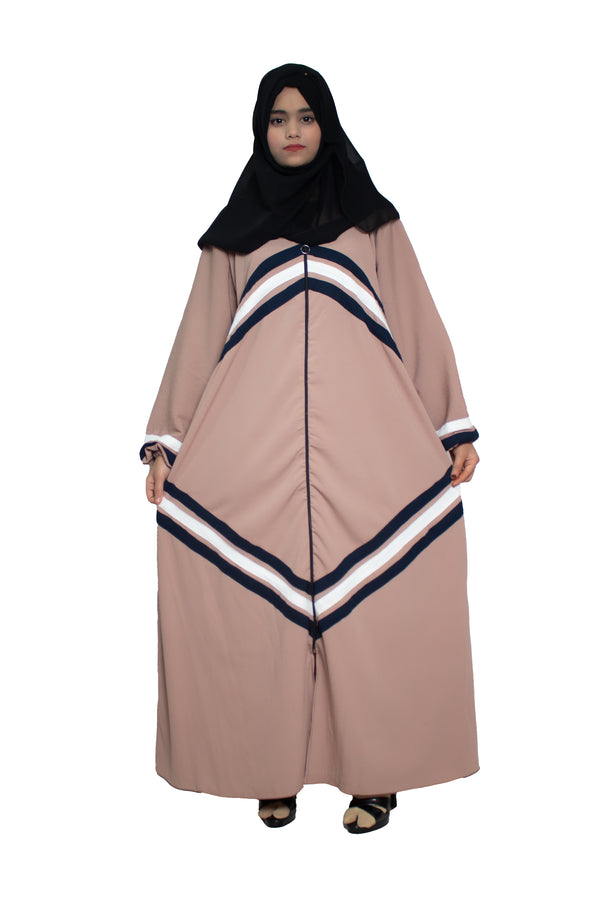 Modest City Self Design Beige Front Open Zip With Contrast Stripes Abaya or Burqa With Hijab for Women & Girls-Series Laiba