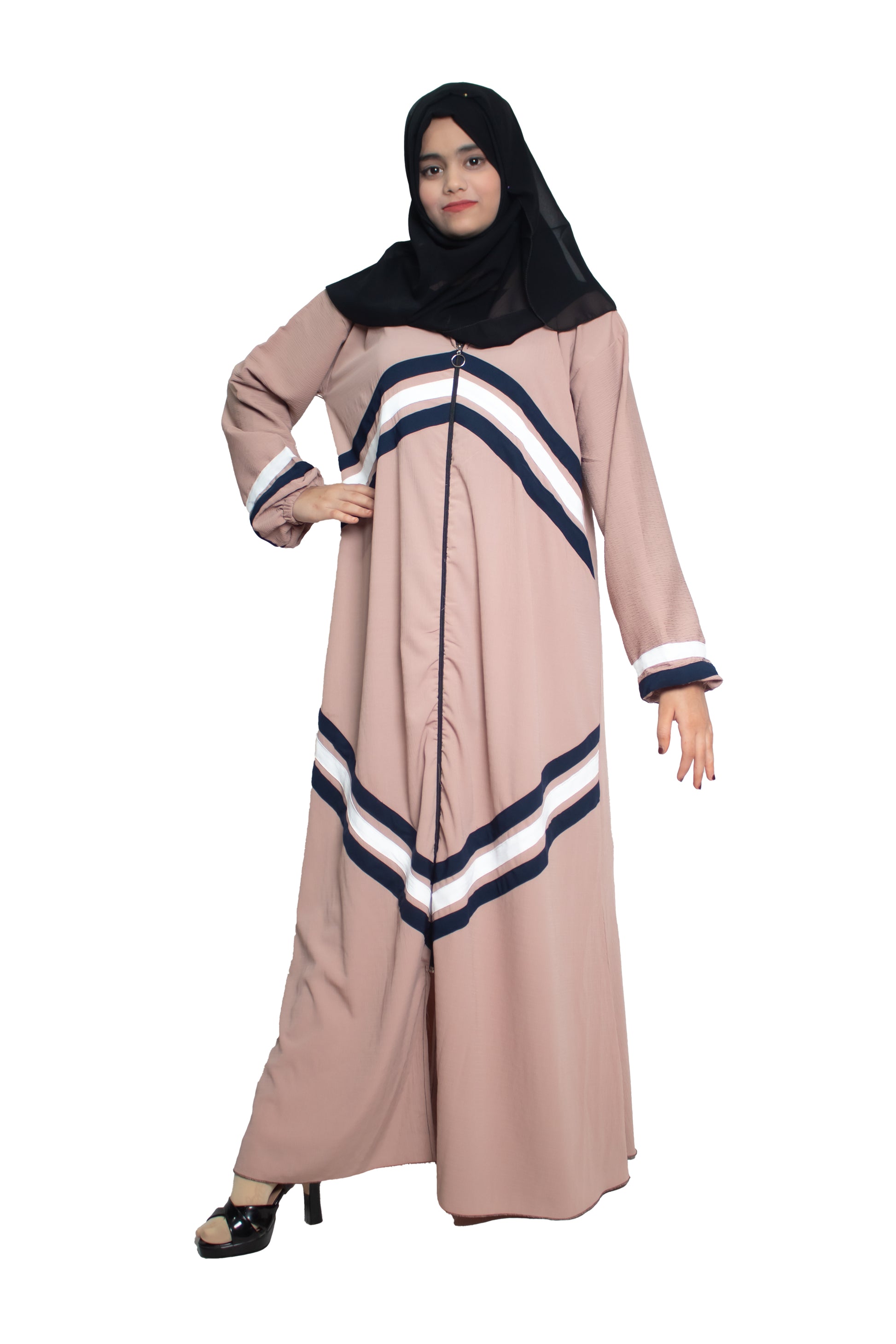 Modest City Self Design Beige Front Open Zip With Contrast Stripes Abaya or Burqa With Hijab for Women & Girls-Series Laiba