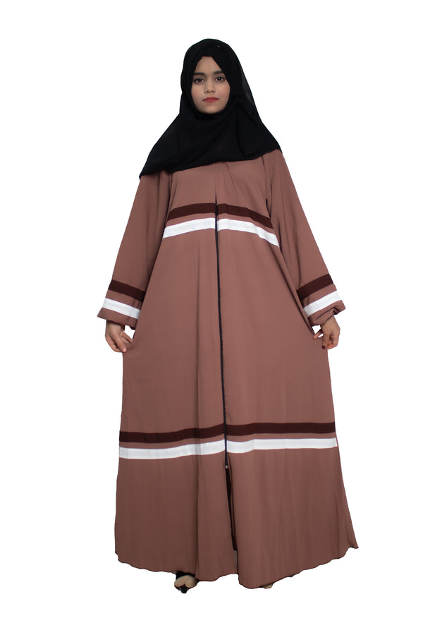 Modest City Self Design Brown Front Open Zip With Contrast Stripes Abaya or Burqa With Hijab for Women & Girls-Series Laiba
